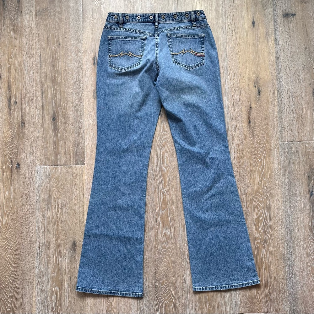 Vintage 90s Y2K Parasuco Jeans Light Blue Flare Asymmetrical Waistband - Size 32 - Picture 4 of 10